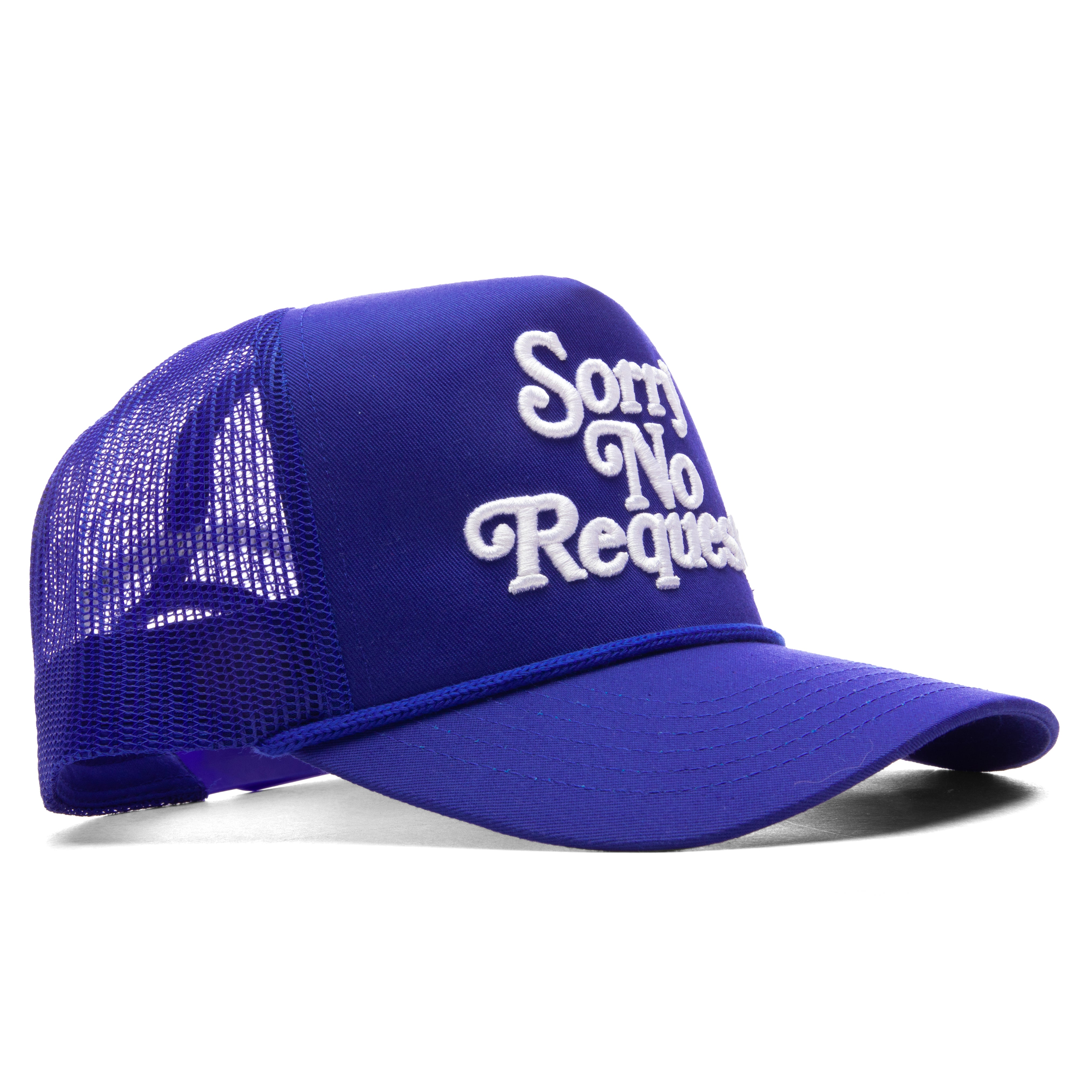 SORRY NO REQUESTS TRUCKER HAT - BLUE WITH WHITE LOGO