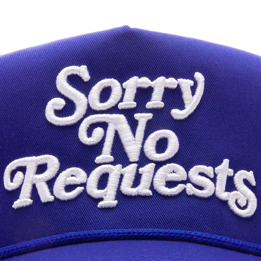 SORRY NO REQUESTS TRUCKER HAT - BLUE WITH WHITE LOGO
