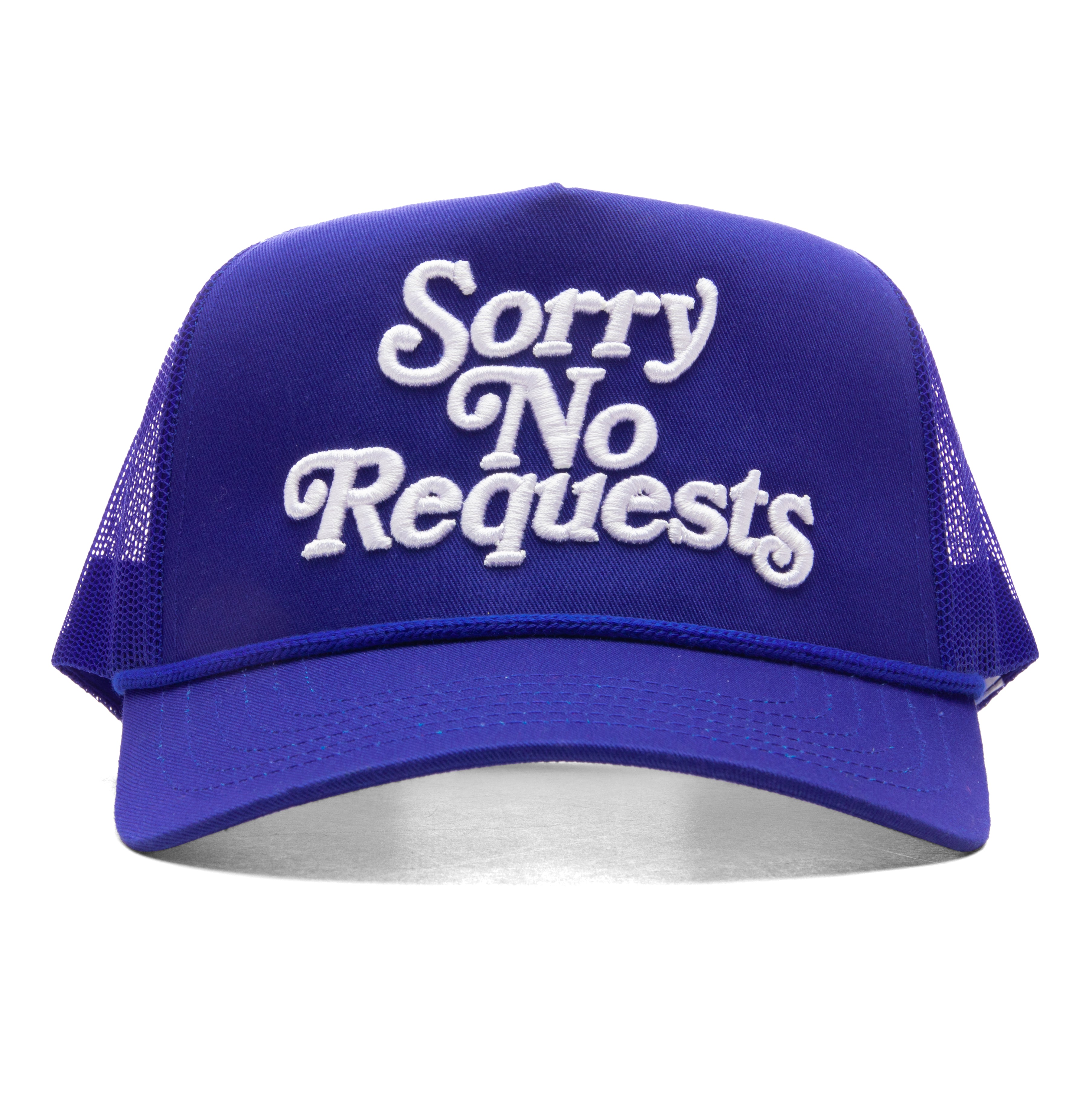 SORRY NO REQUESTS TRUCKER HAT - BLUE WITH WHITE LOGO