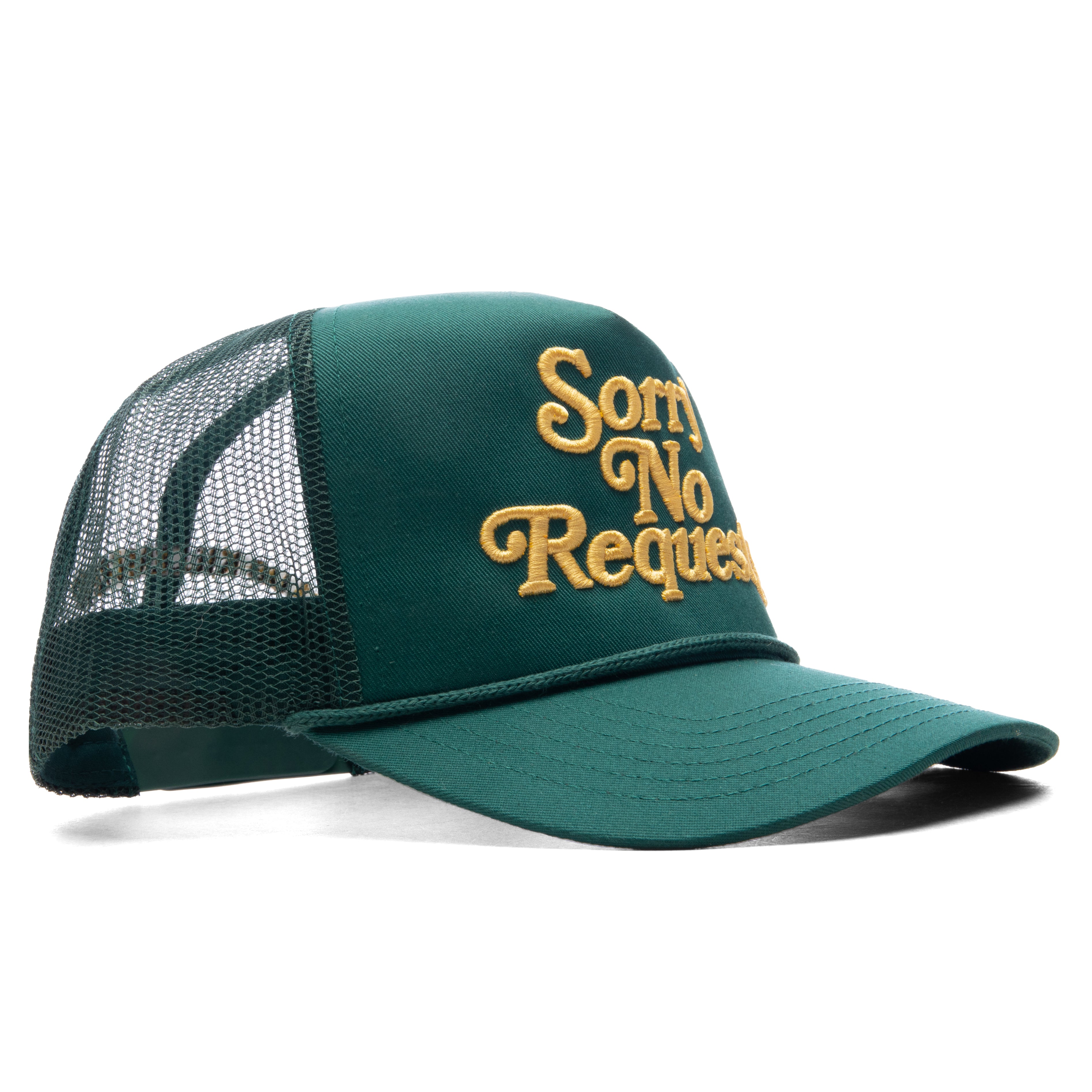 SORRY NO REQUESTS TRUCKER HAT - PINE GREEN WITH CREAM LOGO