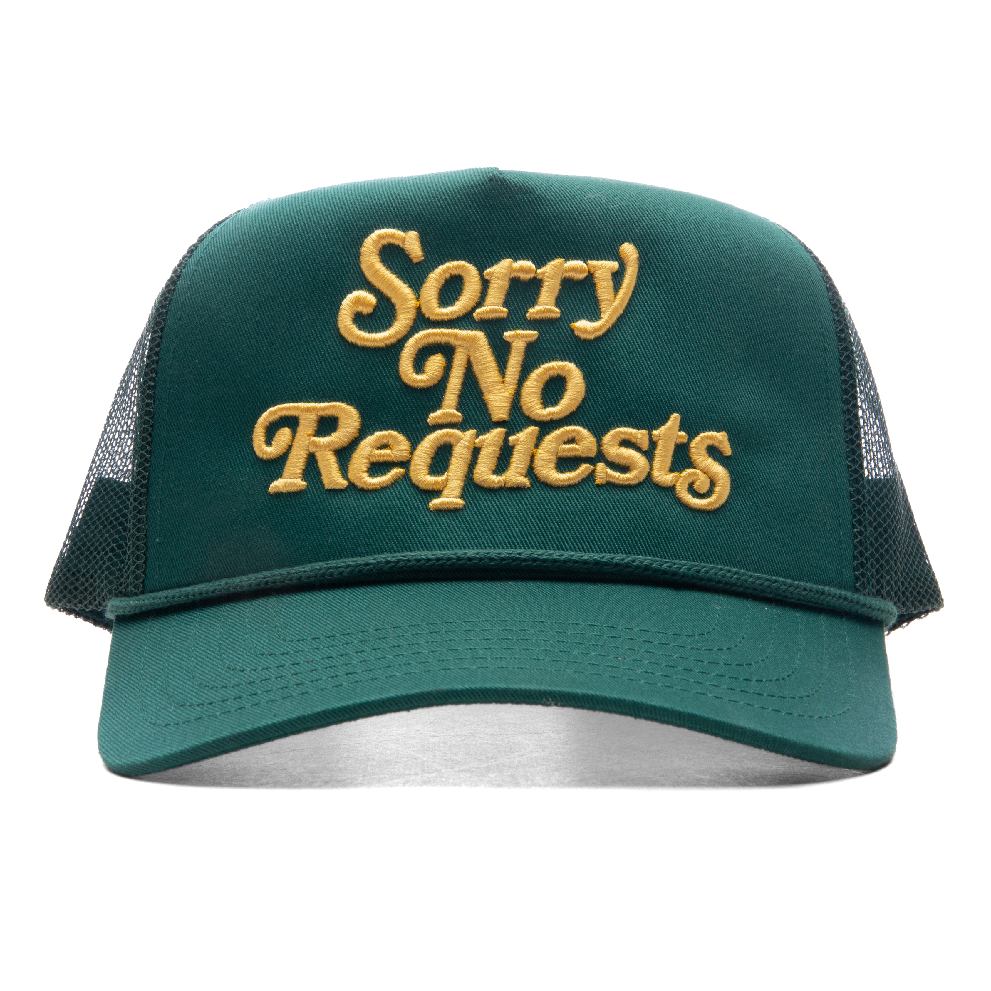 SORRY NO REQUESTS TRUCKER HAT - PINE GREEN WITH CREAM LOGO