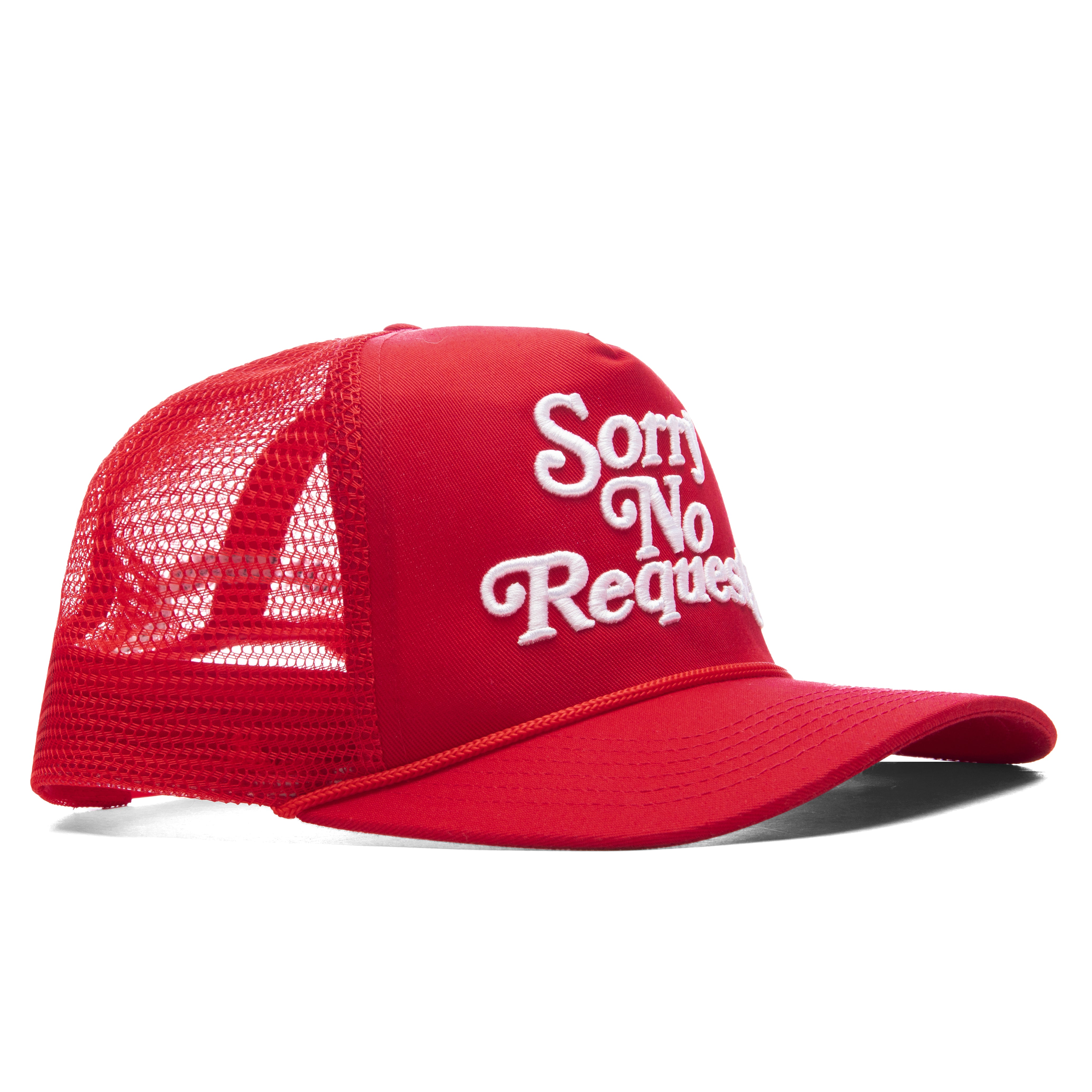 SORRY NO REQUESTS TRUCKER HAT - RED WITH WHITE LOGO