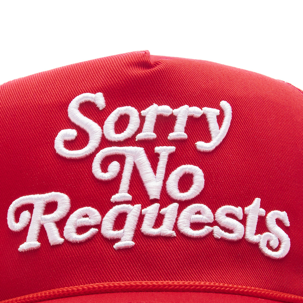 SORRY NO REQUESTS TRUCKER HAT - RED WITH WHITE LOGO