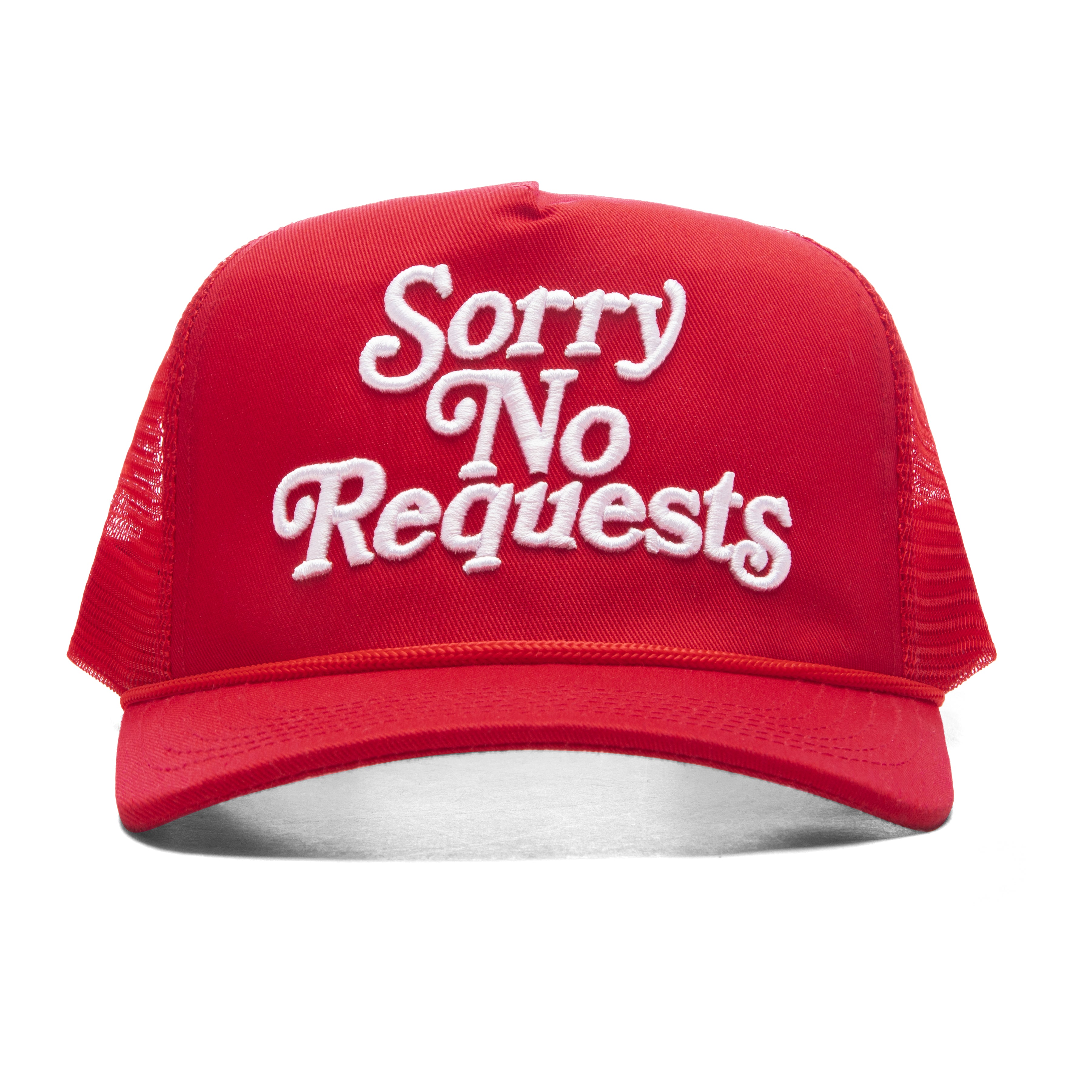 SORRY NO REQUESTS TRUCKER HAT - RED WITH WHITE LOGO
