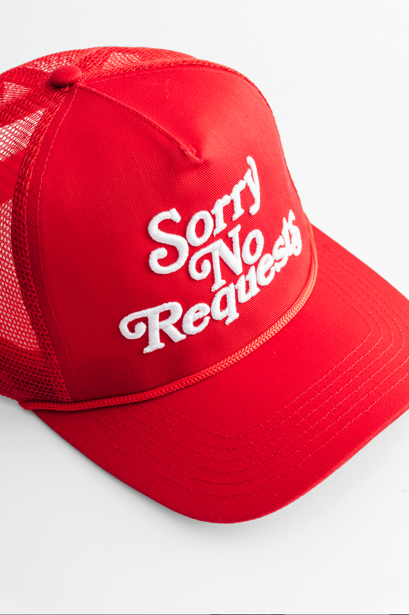 SORRY NO REQUESTS TRUCKER HAT - RED WITH WHITE LOGO