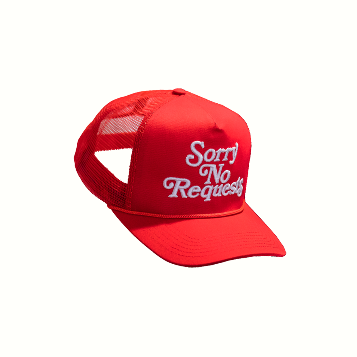 SORRY NO REQUESTS TRUCKER HAT - RED WITH WHITE LOGO