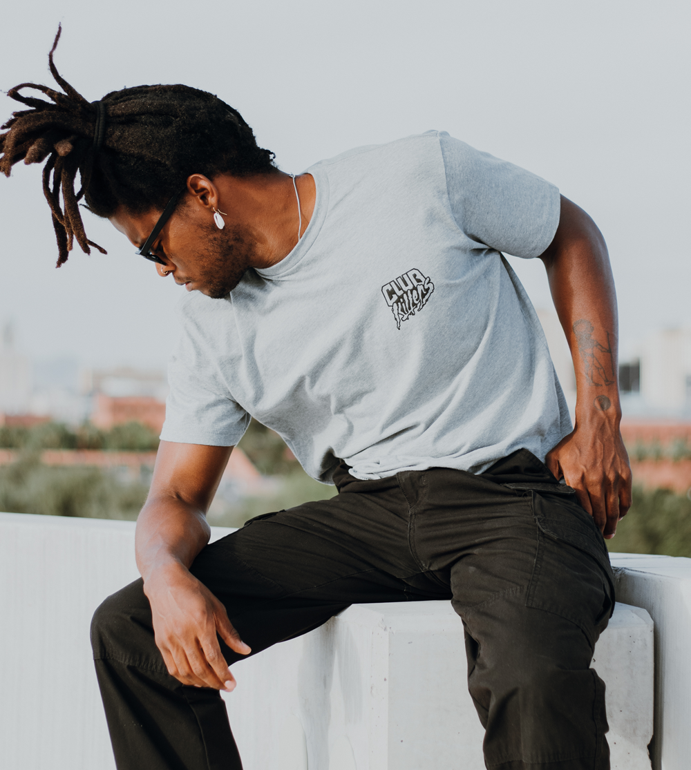 Heather Gray Tee with Black HD Print Club Killers Logo on pocket